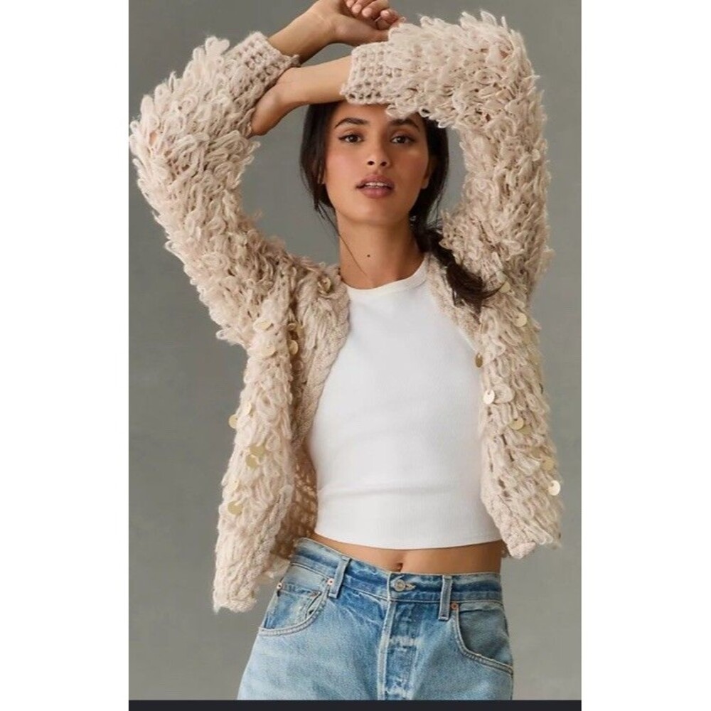 Pilcro In Things Loop Crochet Sequin Cardigan O/S Anthropologie Shaggy Sweater